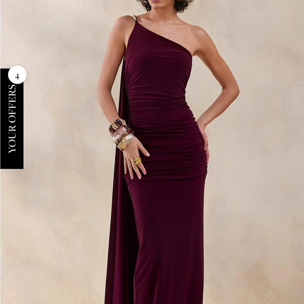 Burgundy + Gold One Shoulder Cape Gown